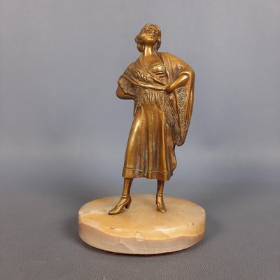 Bronze Statue of Female Dancer with Shawl on Marble Base, 1940s-PWG-2024724