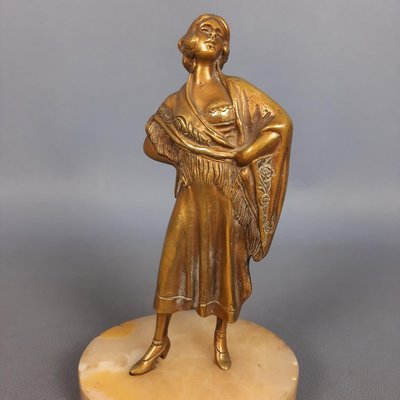 Bronze Statue of Female Dancer with Shawl on Marble Base, 1940s-PWG-2024724