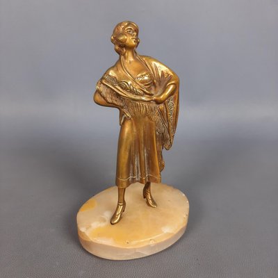 Bronze Statue of Female Dancer with Shawl on Marble Base, 1940s-PWG-2024724