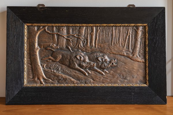 Bronze Wild Boar Relief Plaque by H Henjes, 1880-ZZH-1020037