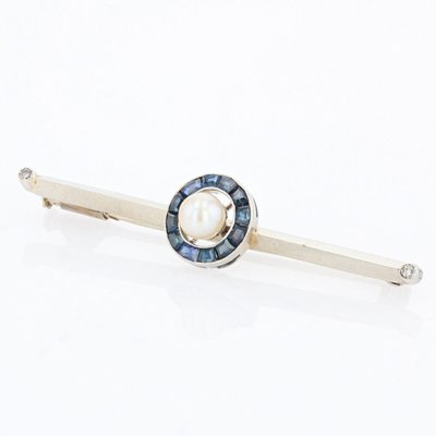 Brooch in 18K White Gold with Sapphires and Pearl, 1930s-OLU-1254976