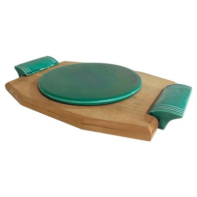 Brown and Green Cheese Tray in Ceramic and Wood, France, 1970s-UR-1726577