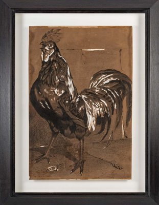 Brown & Black Rooster, 20th-Century, Pencil on Paper, Framed-WFS-1263028