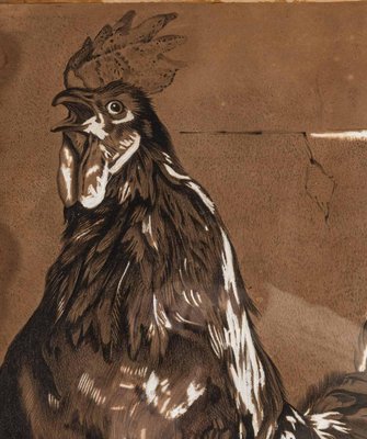 Brown & Black Rooster, 20th-Century, Pencil on Paper, Framed-WFS-1263028