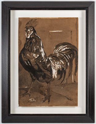 Brown & Black Rooster, 20th-Century, Pencil on Paper, Framed-WFS-1263028