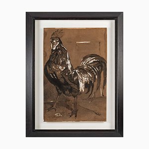 Brown & Black Rooster, 20th-Century, Pencil on Paper, Framed-WFS-1263028