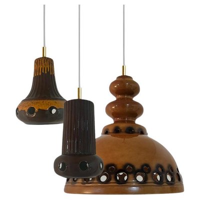 Brown Glazed Ceramic Pendant Lights, Germany, 1970s, Set of 3-VDW-1784695