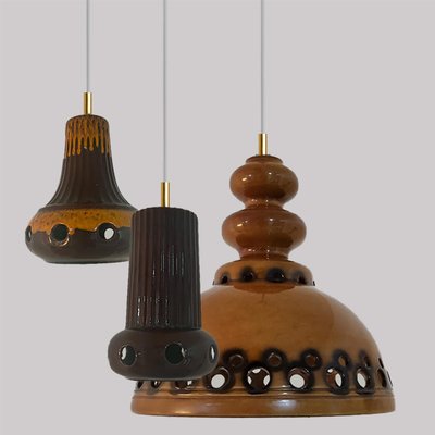 Brown Glazed Ceramic Pendant Lights, Germany, 1970s, Set of 3-VDW-1784695