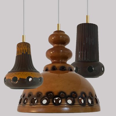 Brown Glazed Ceramic Pendant Lights, Germany, 1970s, Set of 3-VDW-1784695