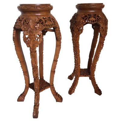 Brown Hand Carved Plant Pedestals, Set of 2-LL-1353124