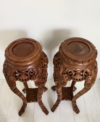 Brown Hand Carved Plant Pedestals, Set of 2-LL-1353124