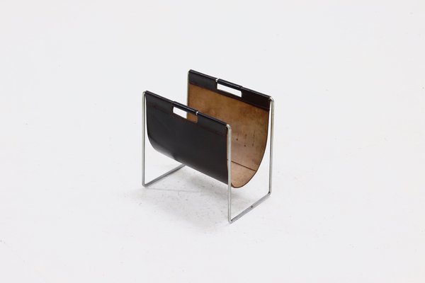 Brown Leather and Chrome Magazine Rack from Brabantia, 1970s-VV-1823087