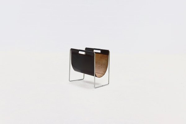 Brown Leather and Chrome Magazine Rack from Brabantia, 1970s-VV-1823087