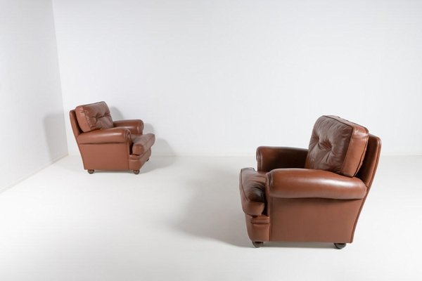 Brown Leather Club Armchairs, Italy, 1970s, Set of 2-KMC-1386499