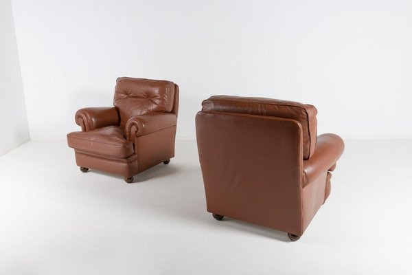 Brown Leather Club Armchairs, Italy, 1970s, Set of 2-KMC-1386499