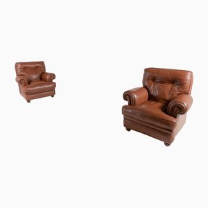 Brown Leather Club Armchairs, Italy, 1970s, Set of 2-KMC-1386499