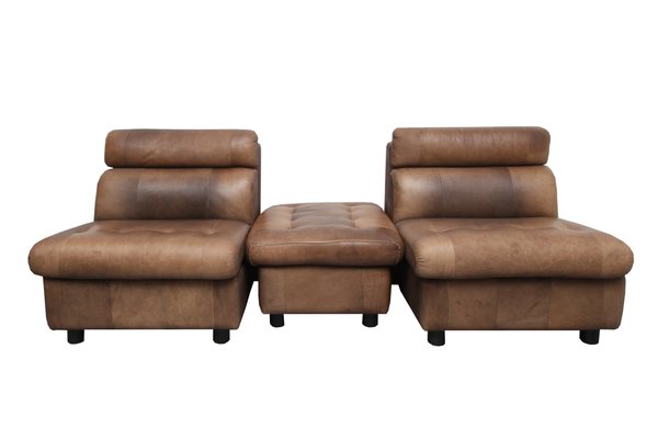 Brown Leather Patchwork Lounge Chairs and Stool, 1970s, Set of 3-PF-731604