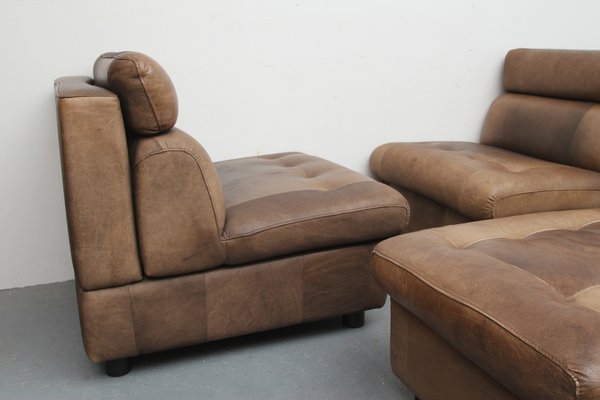 Brown Leather Patchwork Lounge Chairs and Stool, 1970s, Set of 3-PF-731604