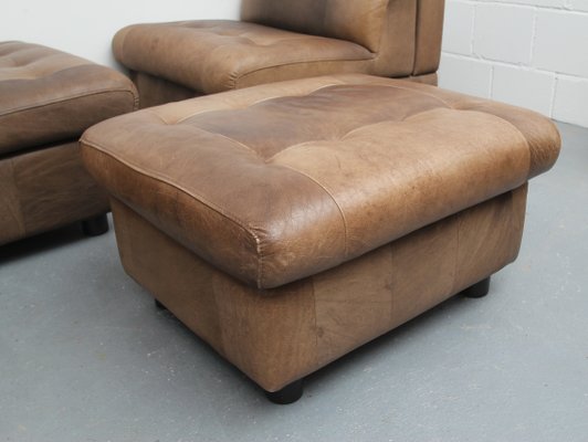 Brown Leather Patchwork Lounge Chairs and Stool, 1970s, Set of 3-PF-731604