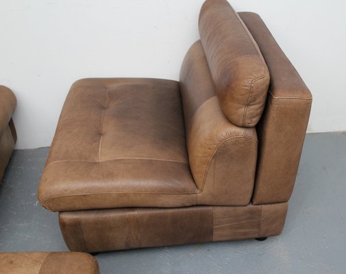 Brown Leather Patchwork Lounge Chairs and Stool, 1970s, Set of 3-PF-731604