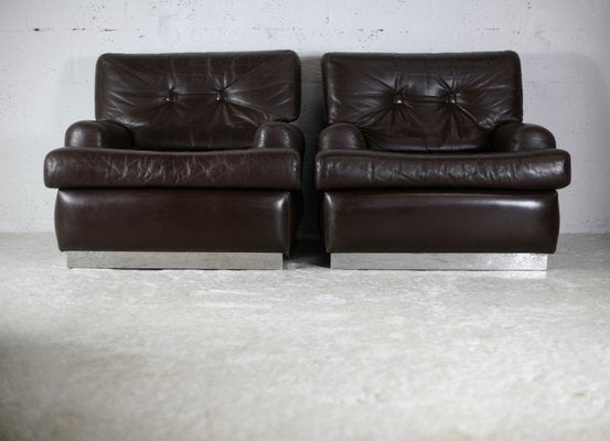 Brown Leather & Stainless Steel Armchairs, France, 1970, Set of 2-MAO-1161199