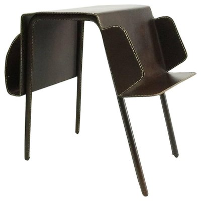 Brown Leather Stitched Magazine Rack, France, 1960s-UCH-1224827