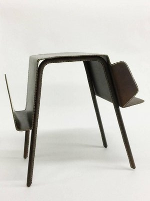 Brown Leather Stitched Magazine Rack, France, 1960s-UCH-1224827