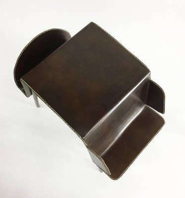 Brown Leather Stitched Magazine Rack, France, 1960s-UCH-1224827