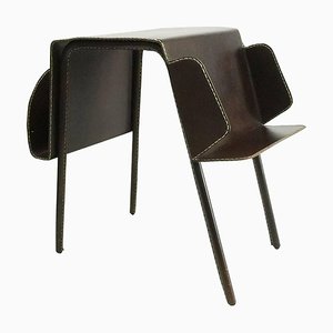 Brown Leather Stitched Magazine Rack, France, 1960s-UCH-1224827