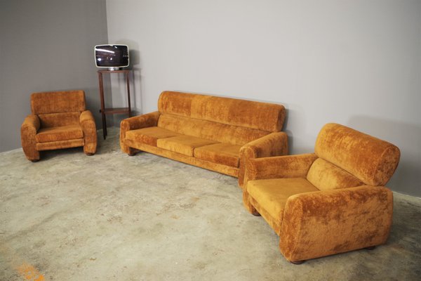 Brown Sofa and Armchair Group, 1970s, Set of 3-KNM-1284114