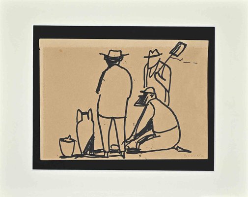 Brunello Ulloa Serena, Archeologists, Pen Drawing, 1960-ZCI-979065