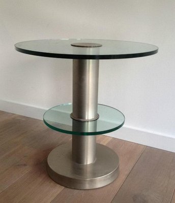 Brushed Metal and Glass Round Occasional Table, 1960s-BA-658616