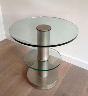 Brushed Metal & Glass Pedestal Table, 1960s-BA-1365696