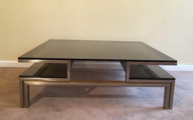 Brushed Steel and Brass Coffee Table, 1970s-BA-1365779