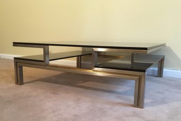 Brushed Steel and Brass Coffee Table, 1970s-BA-1365779