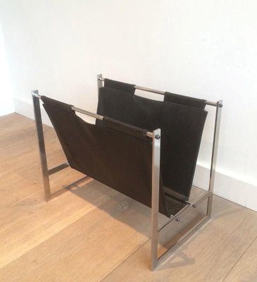 Brushed Steel and Leather Magazine Rack, Denmark, 1970s-BA-658506