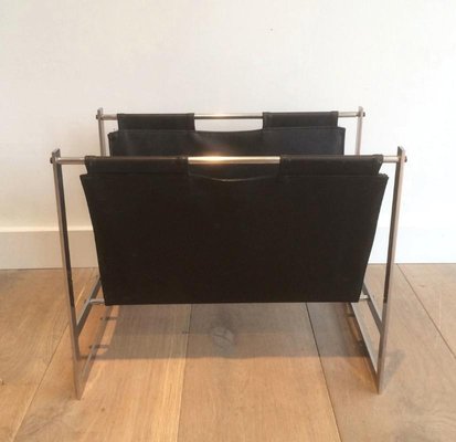 Brushed Steel and Leather Magazine Rack, Denmark, 1970s-BA-658506