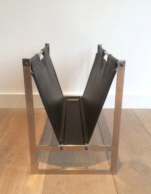 Brushed Steel and Leather Magazine Rack, Denmark, 1970s-BA-658506