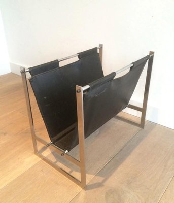 Brushed Steel and Leather Magazine Rack, Denmark, 1970s-BA-658506