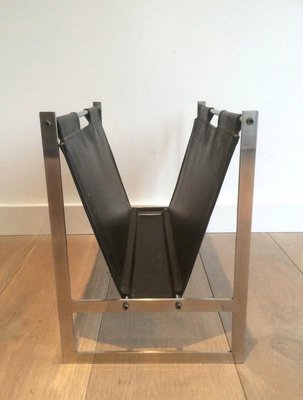 Brushed Steel and Leather Magazine Rack, Denmark, 1970s-BA-658506