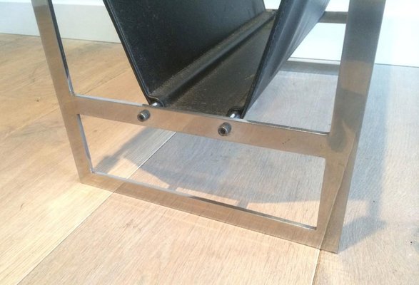 Brushed Steel and Leather Magazine Rack, Denmark, 1970s-BA-658506