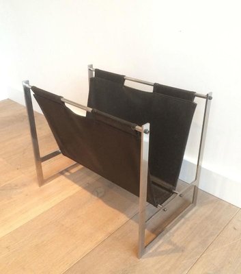 Brushed Steel and Leather Magazine Rack, Denmark, 1970s-BA-658506