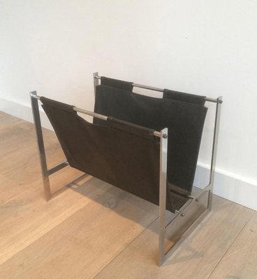 Brushed Steel and Leather Magazine Rack, Denmark, 1970s-BA-658506