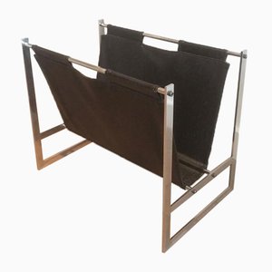 Brushed Steel and Leather Magazine Rack, Denmark, 1970s-BA-658506