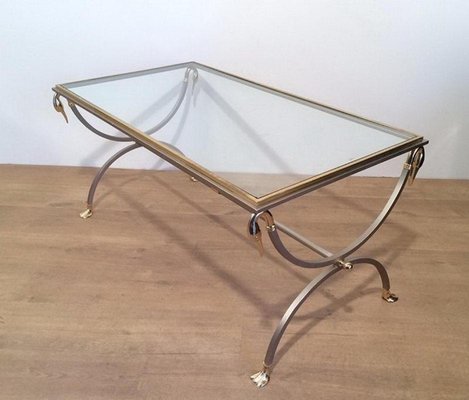 Brushed Steel & Brass Coffee Table with Swan Heads & Feet from Maison Jansen, 1970s-BA-766255