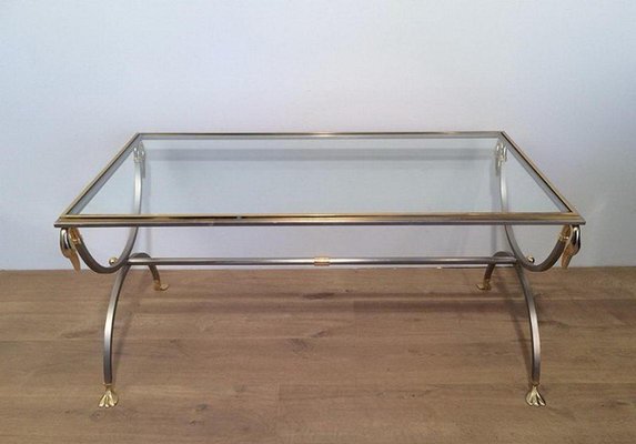 Brushed Steel & Brass Coffee Table with Swan Heads & Feet from Maison Jansen, 1970s-BA-766255