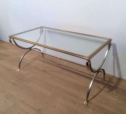 Brushed Steel & Brass Coffee Table with Swan Heads & Feet from Maison Jansen, 1970s-BA-766255