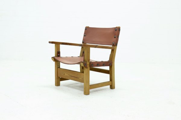 Brutalist Armchair in Pine and Cognac Leather, 1960s-VV-1063577