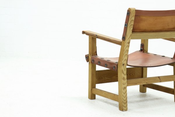 Brutalist Armchair in Pine and Cognac Leather, 1960s-VV-1063577