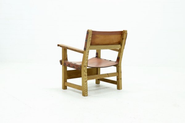 Brutalist Armchair in Pine and Cognac Leather, 1960s-VV-1063577